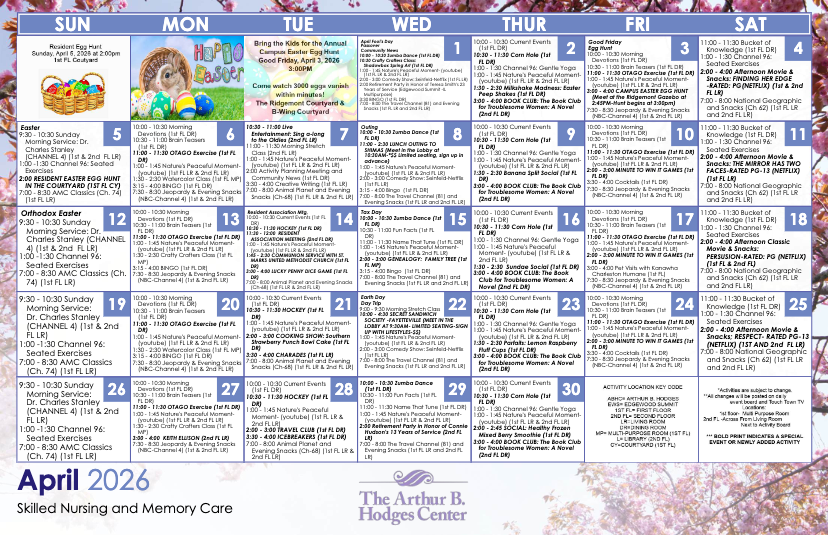April Skilled Nursing and Memory Care activity calendar