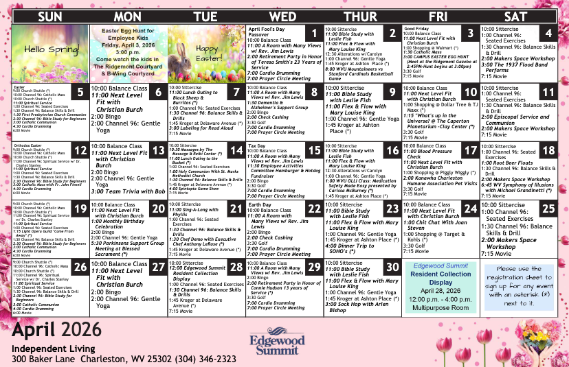 April Independent Living activity calendar