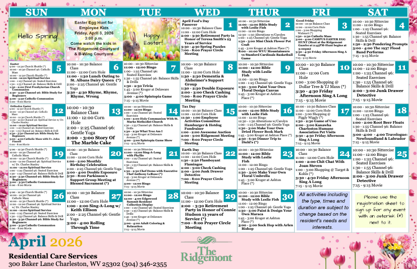 April Residential Care Services activity calendar