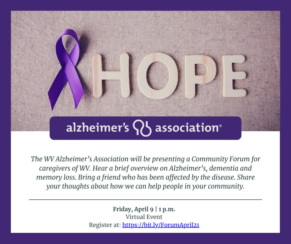 Hope Alzheimer's and Association image for an upcoming event at Edgewood Summit senior living in Charleston, WV. 