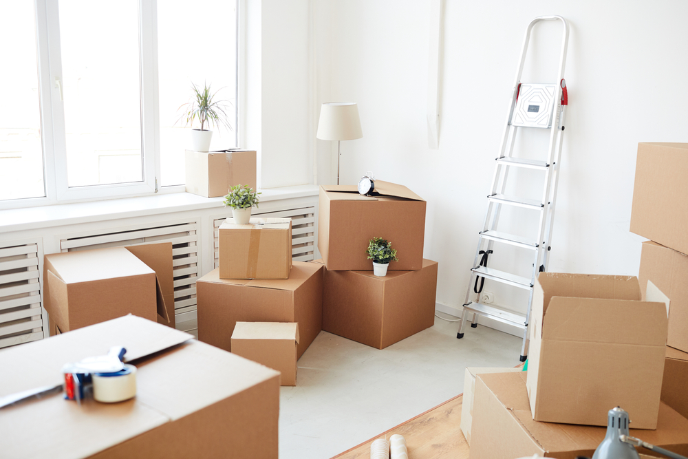 A brightly lit room with stacked moving boxes.