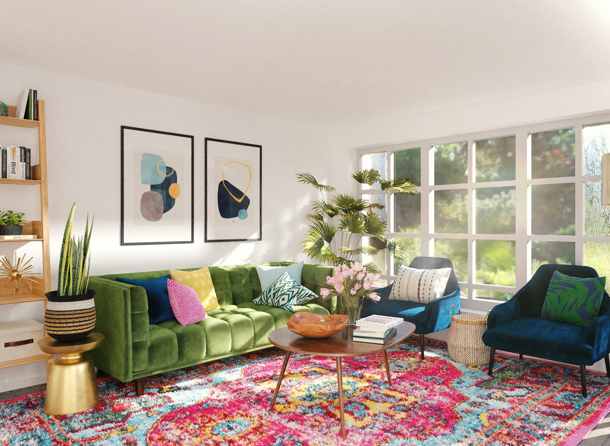 A vibrant, colorful living room with a multicolored rug, green velvet couch, and mid century modern style
